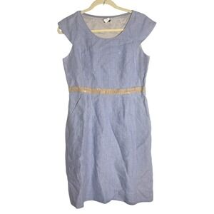 J. Crew Linen Cap Sleeve Shift Dress in Blue With‎ Ribbon Trim 6